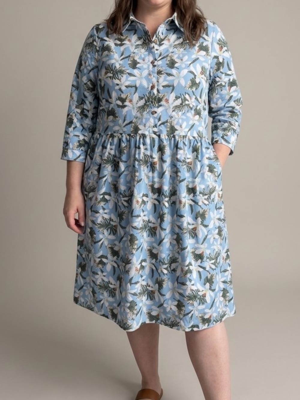 Blue Floral Collared Midi Dress with Pockets